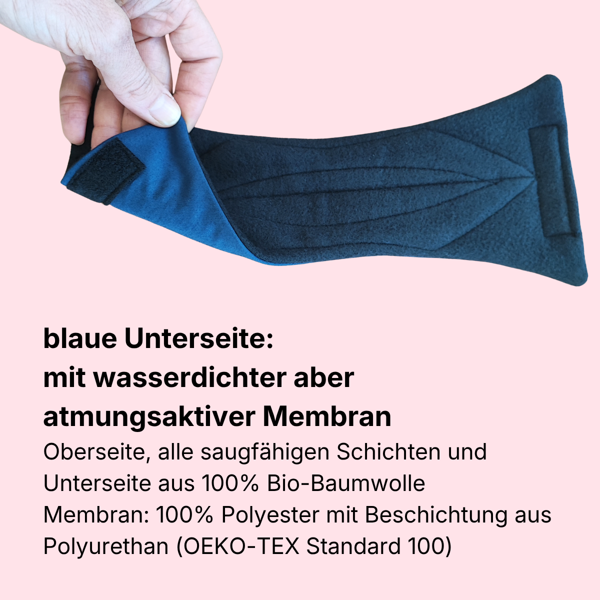 extra starke Einlage mit Membran aus Polyester mit Polyurethanbeschichtung, deshalb mit blauer Abseite