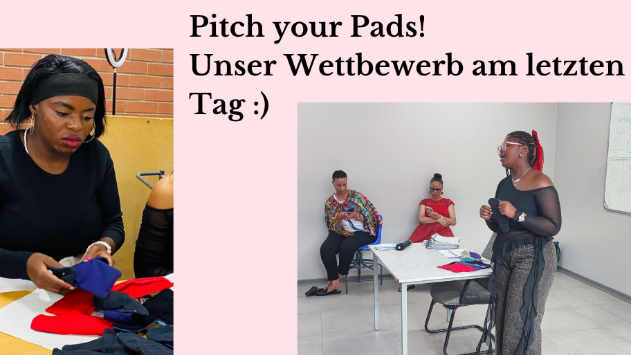 Am Bild sieht man eine der Studentinnen mit den waschbaren Binden, die sie präsentieren wird und eine andere, die gerade ihre imaginäre Brand picht.