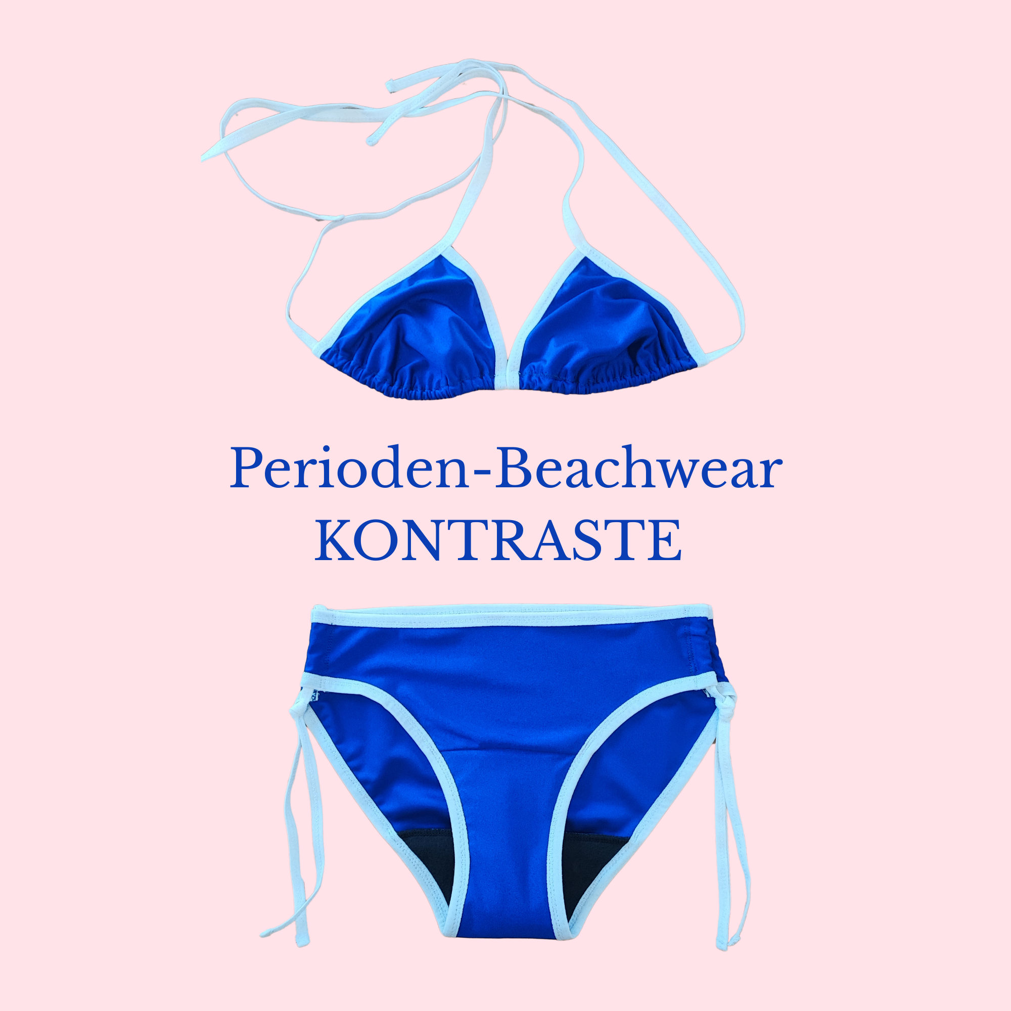 Ein Bikini-Oberteil und ein Perioden-Bade-Slip in blau, weiß eingefasst